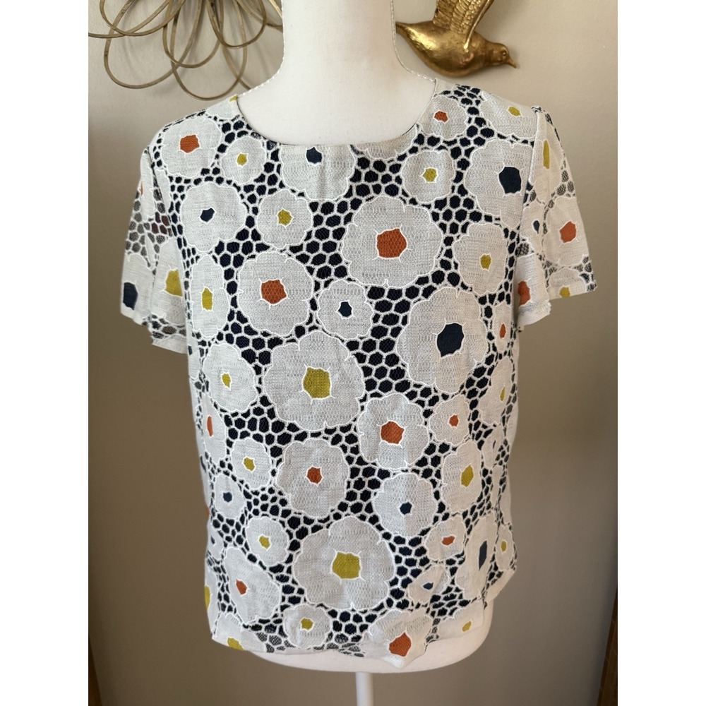 Harlyn Small Floral Lace Overlay Top White Navy Orange Yellow Short Sleeve